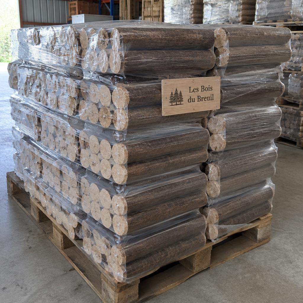 Bûches densifiées nuit – Palette 480 kg – Combustion longue – Les Bois du Breuil