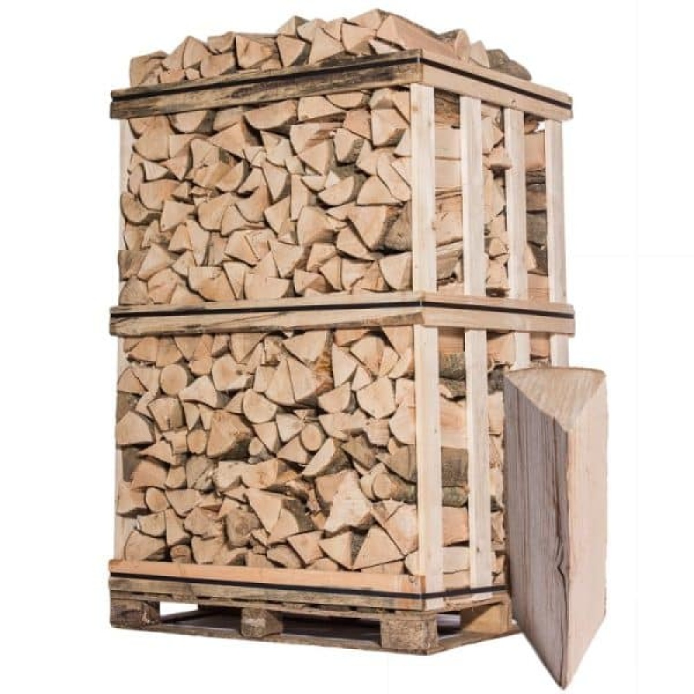 Palette de 2 m³ de bûches de bois durs de 33 cm empilées sur palette bois