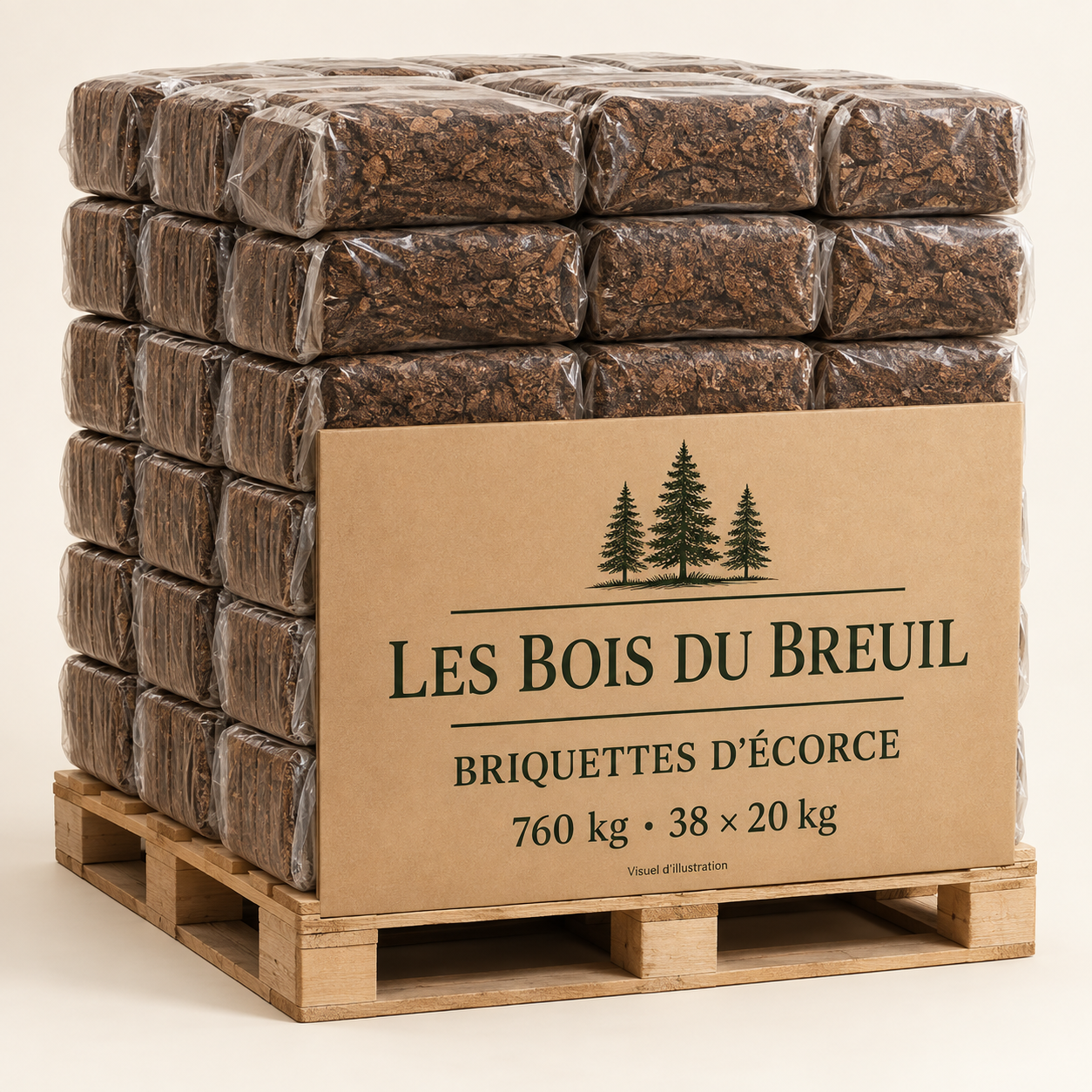Illustration de briquettes de nuit en écorce, palette 760 kg, présentation LES BOIS DU BREUIL