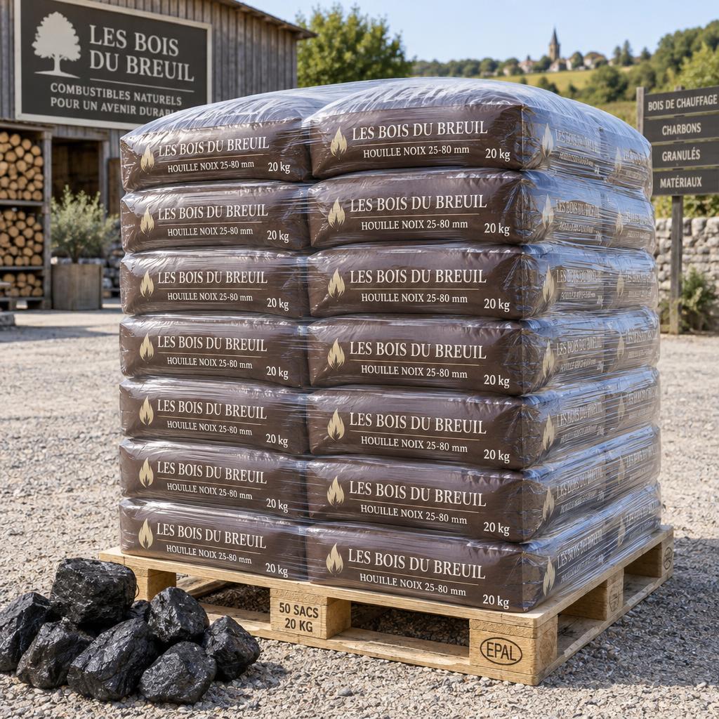 Houille calibre noix 25-80 mm, 26-28 MJ/kg - palette 760 kg (38 x 20 kg)