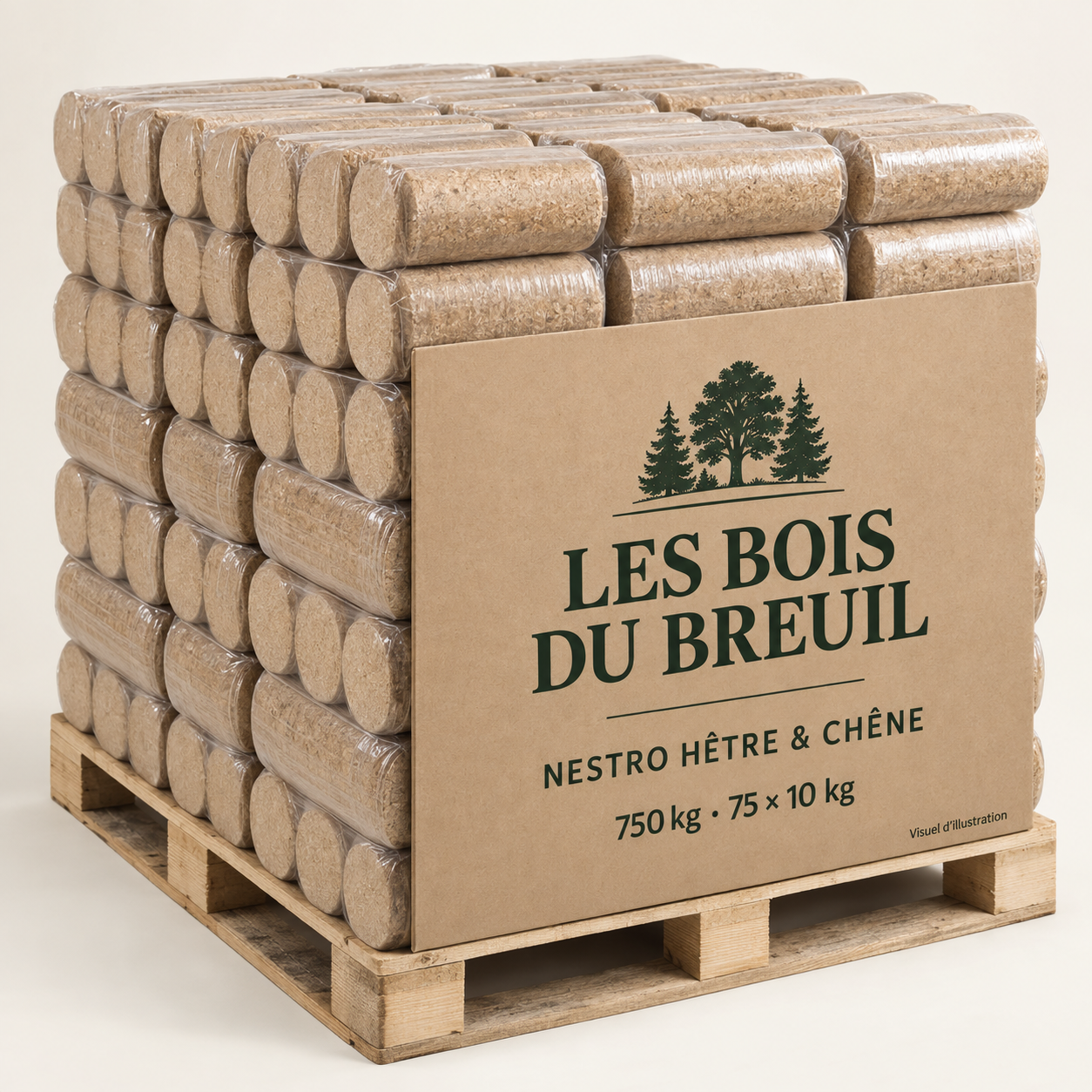 Illustration de briquettes nestro en hêtre et chêne, palette 750 kg, présentation LES BOIS DU BREUIL