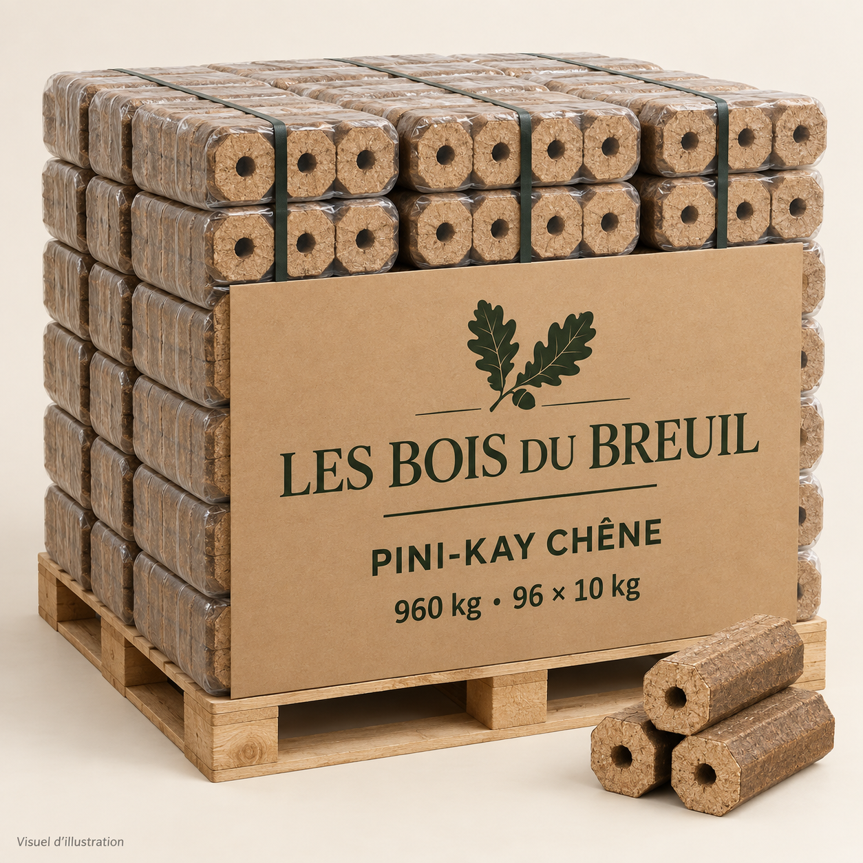 Illustration de briquettes pini-kay en chêne, palette 960 kg, présentation LES BOIS DU BREUIL
