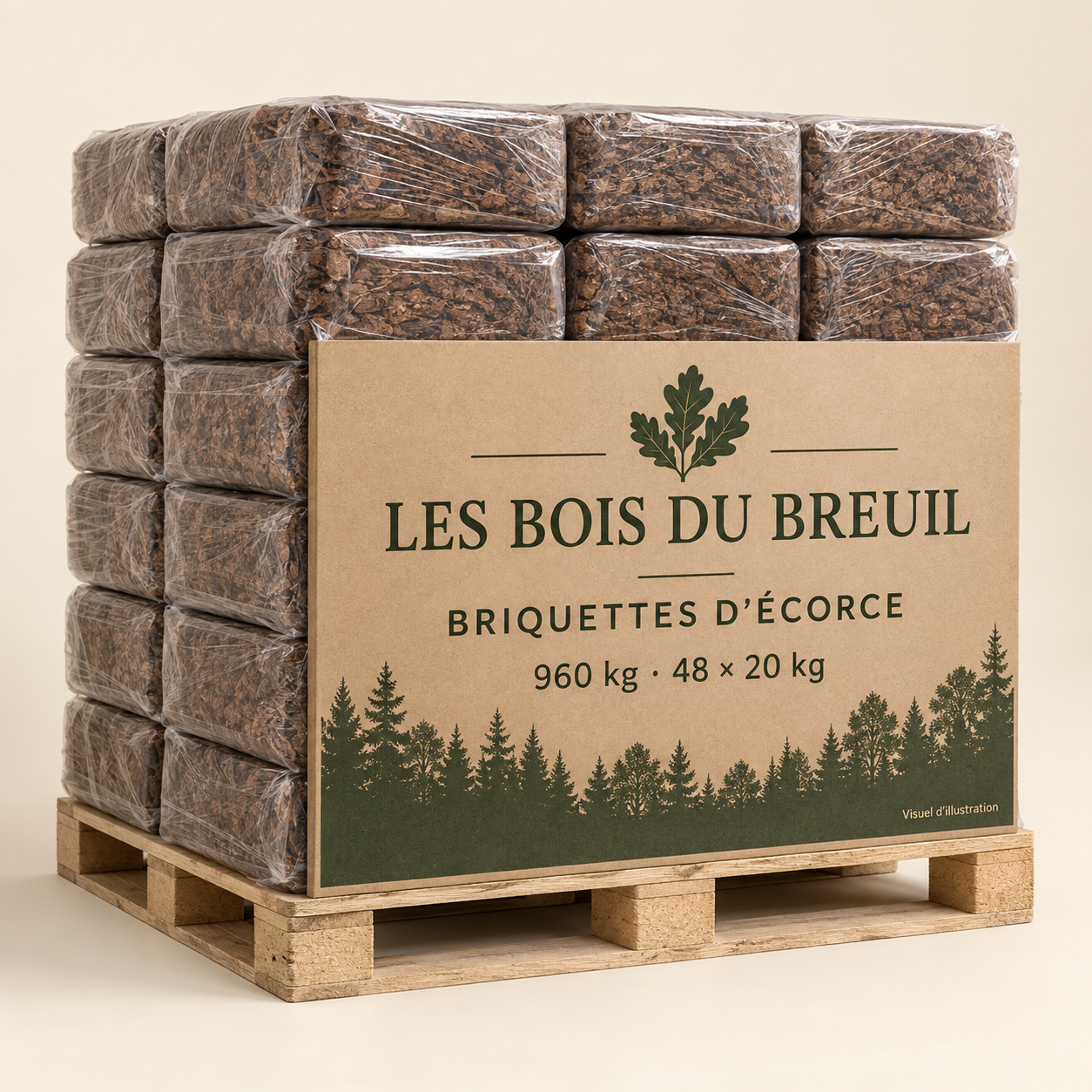 Illustration de briquettes de nuit en écorce, palette 960 kg, présentation LES BOIS DU BREUIL