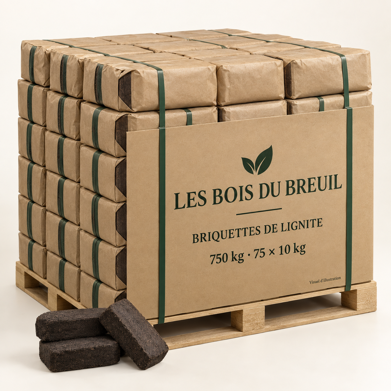 Illustration de briquettes de lignite, palette 750 kg, présentation LES BOIS DU BREUIL