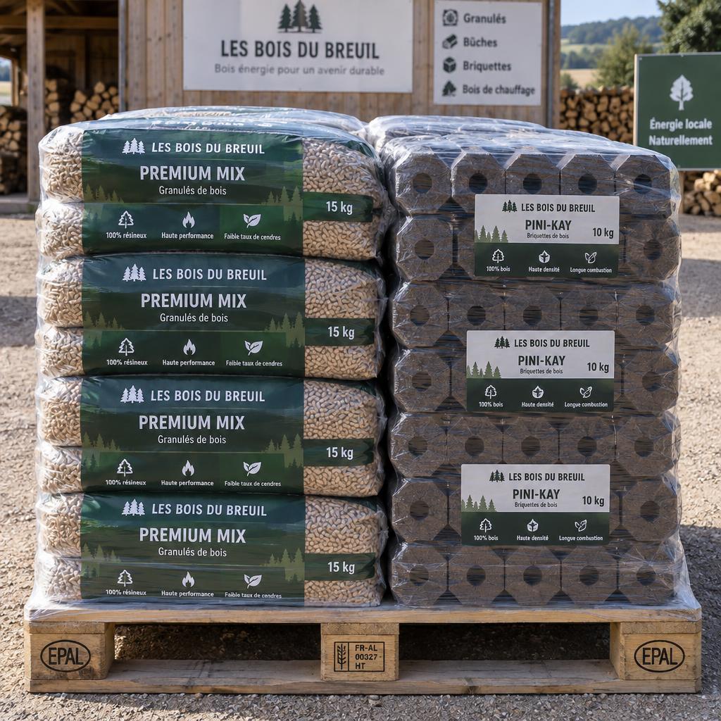 Les Bois du Breuil Premium Mix - granulés premium 495 kg + briquettes Pini-Kay 480 kg
