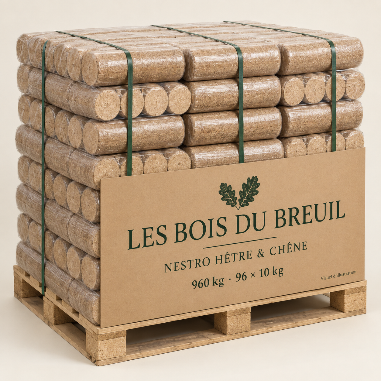 Illustration de briquettes nestro en hêtre et chêne, palette 960 kg, présentation LES BOIS DU BREUIL