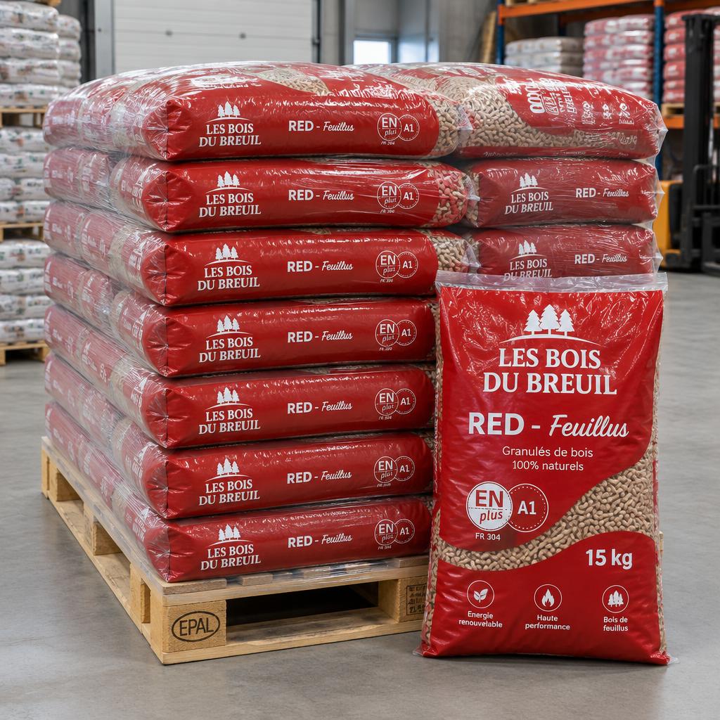 Granulés de bois dur Red ENplus A1 6 mm - palette complète 975 kg (65 x 15 kg)