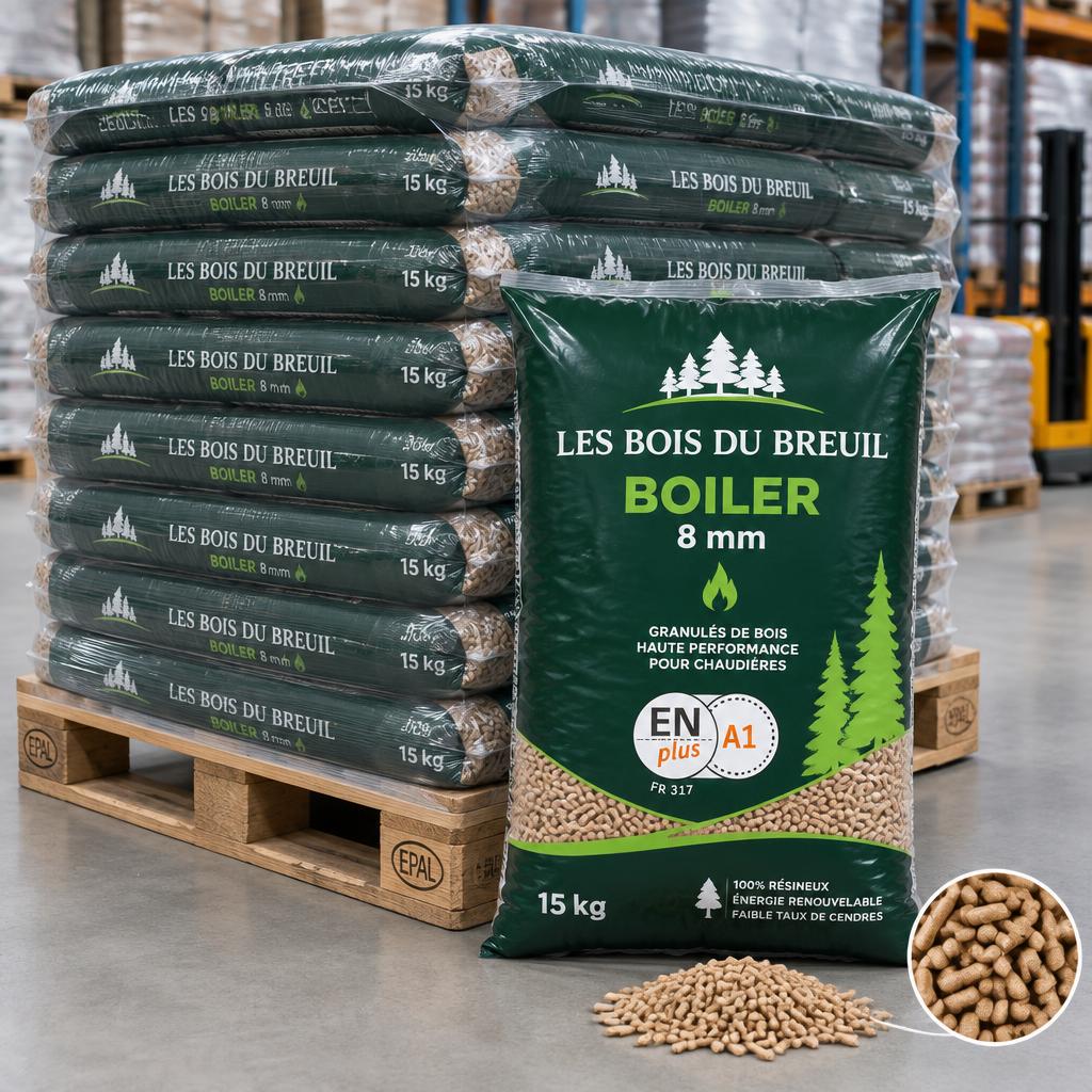 Granulés de bois Les Bois du Breuil Boiler ENplus A1 8 mm - palette 990 kg (66 x 15 kg)