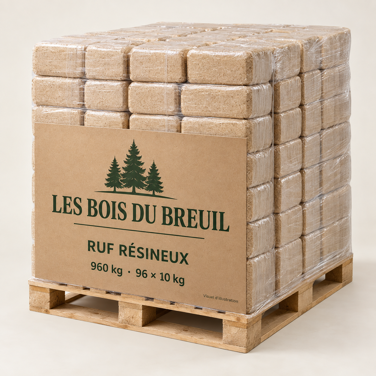 Illustration de briquettes ruf en résineux, palette 960 kg, présentation LES BOIS DU BREUIL
