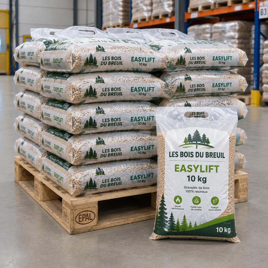 Granulés de bois Les Bois du Breuil EasyLift ENplus A1 6 mm - palette 960 kg (96 x 10 kg)