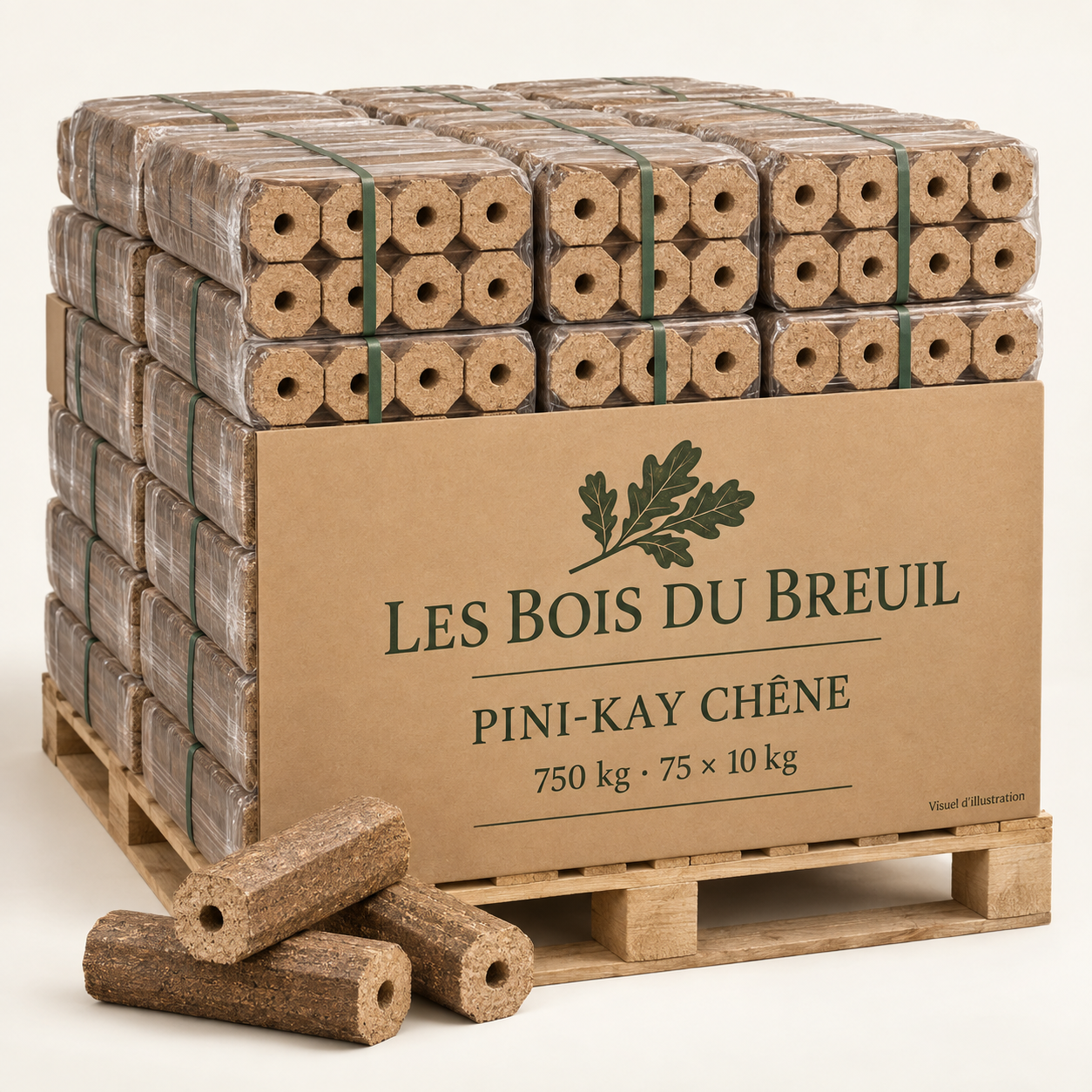 Illustration de briquettes pini-kay en chêne, palette 750 kg, présentation LES BOIS DU BREUIL