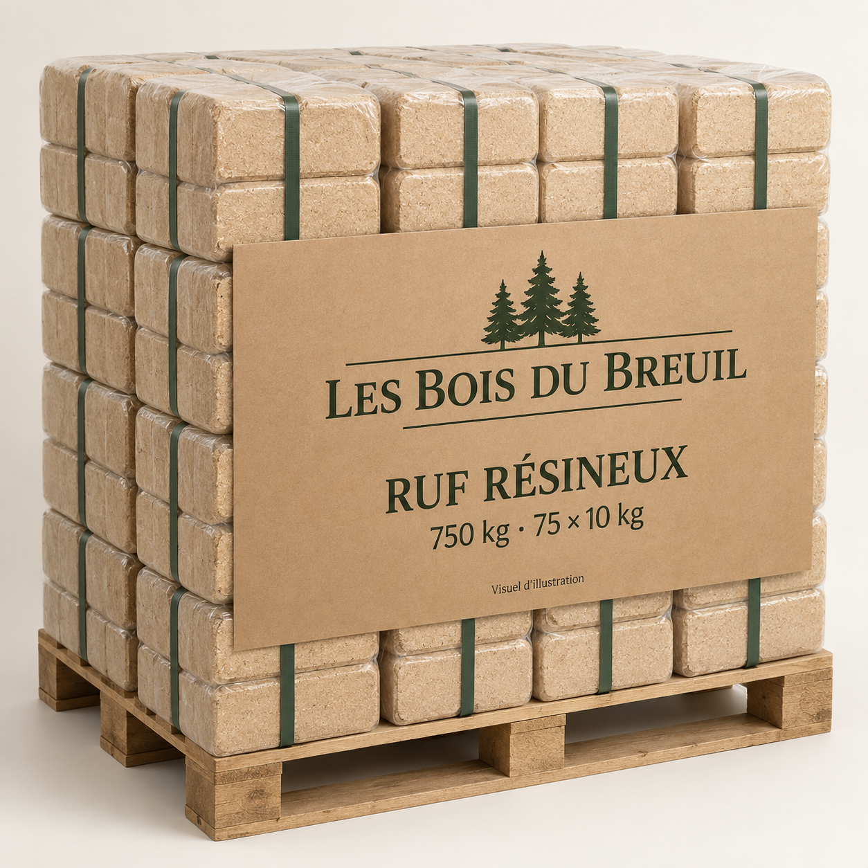 Illustration de briquettes ruf en résineux, palette 750 kg, présentation LES BOIS DU BREUIL