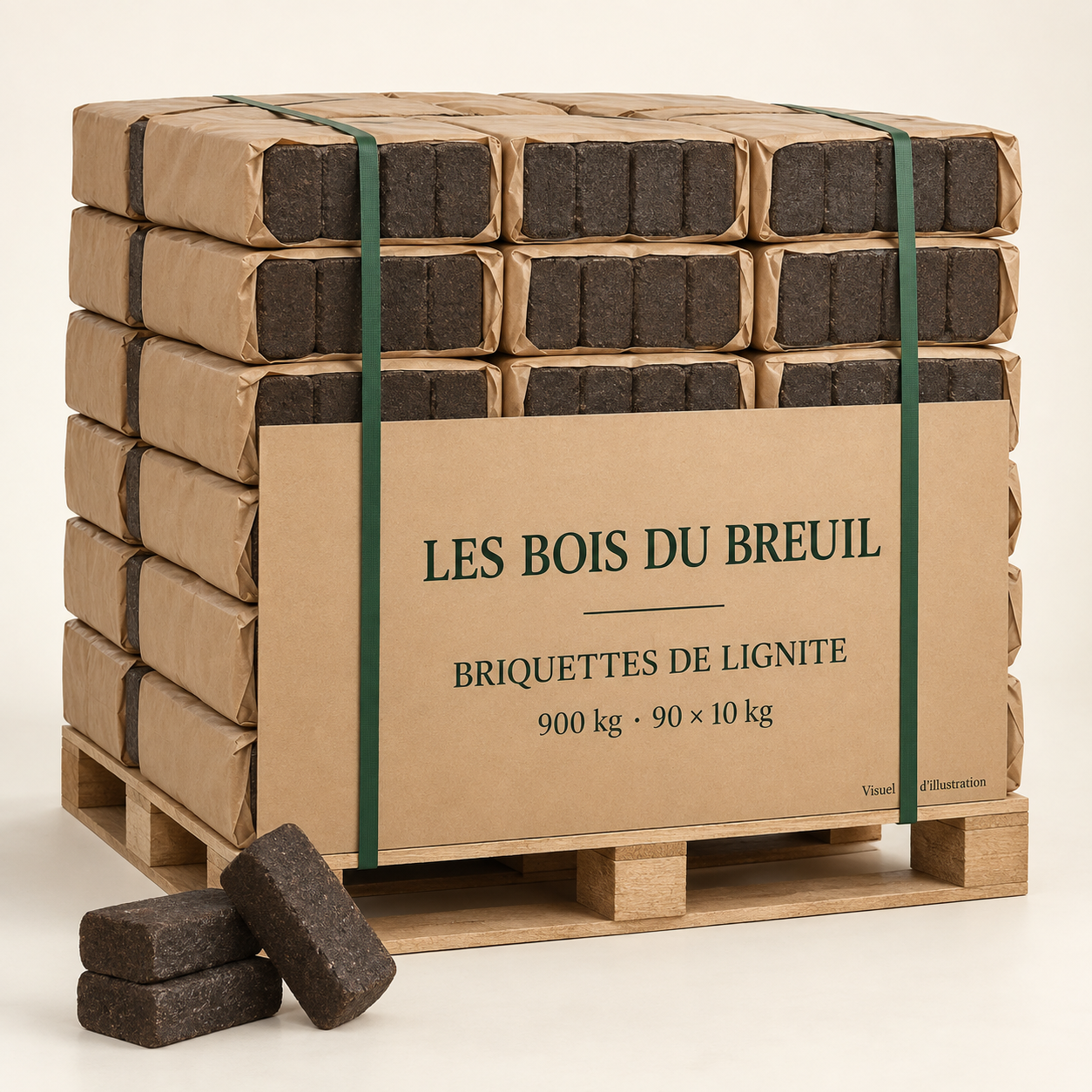 Illustration de briquettes de lignite, palette 900 kg, présentation LES BOIS DU BREUIL