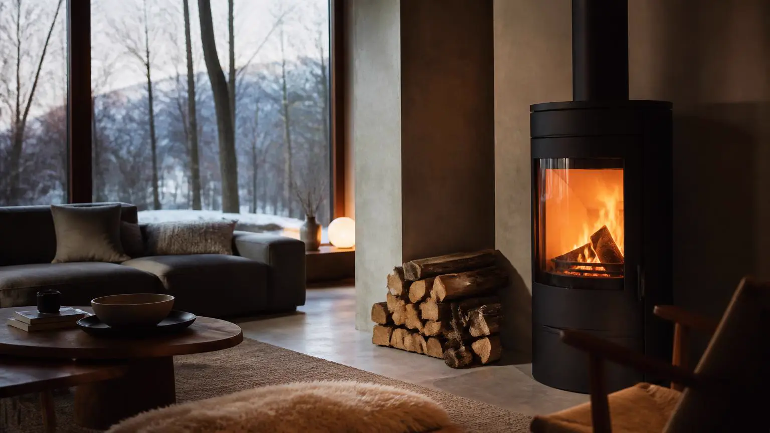 Poêle à bois moderne allumé dans un salon contemporain avec vue sur une forêt hivernale