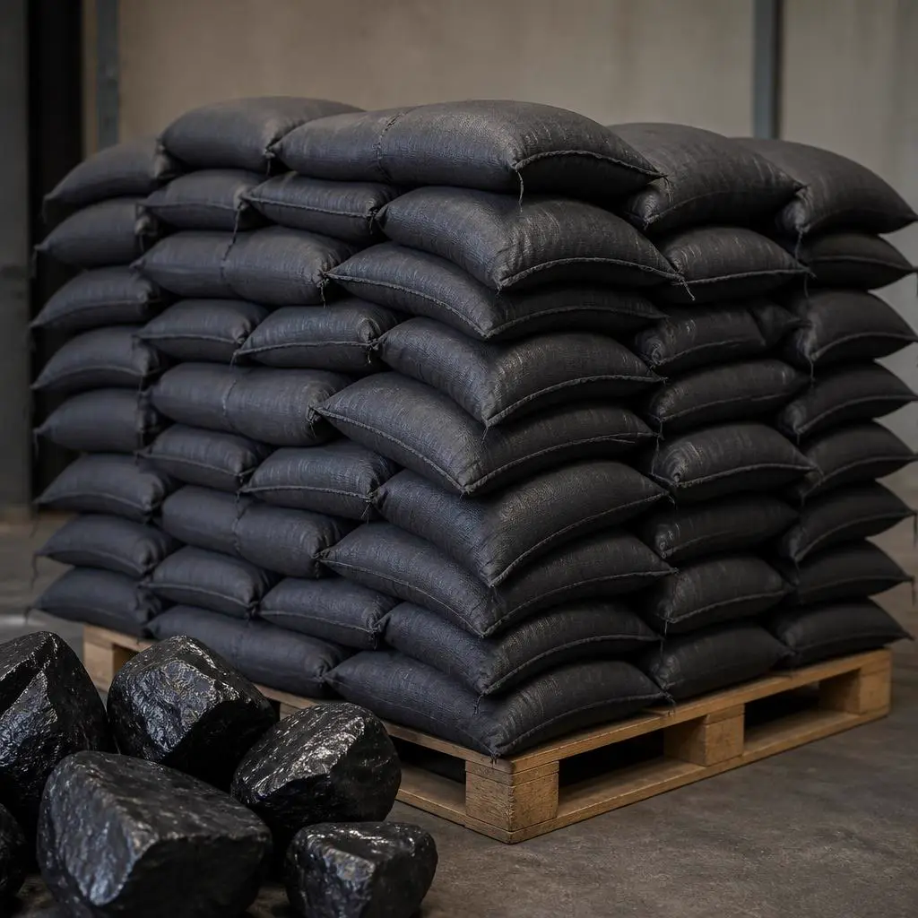 Palette de sacs d'anthracite avec morceaux de charbon au premier plan (visuel d'illustration)