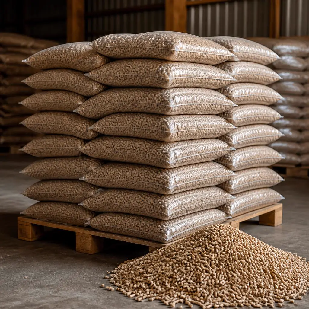 Palette de sacs de granulés de bois dans un entrepôt (visuel d'illustration)