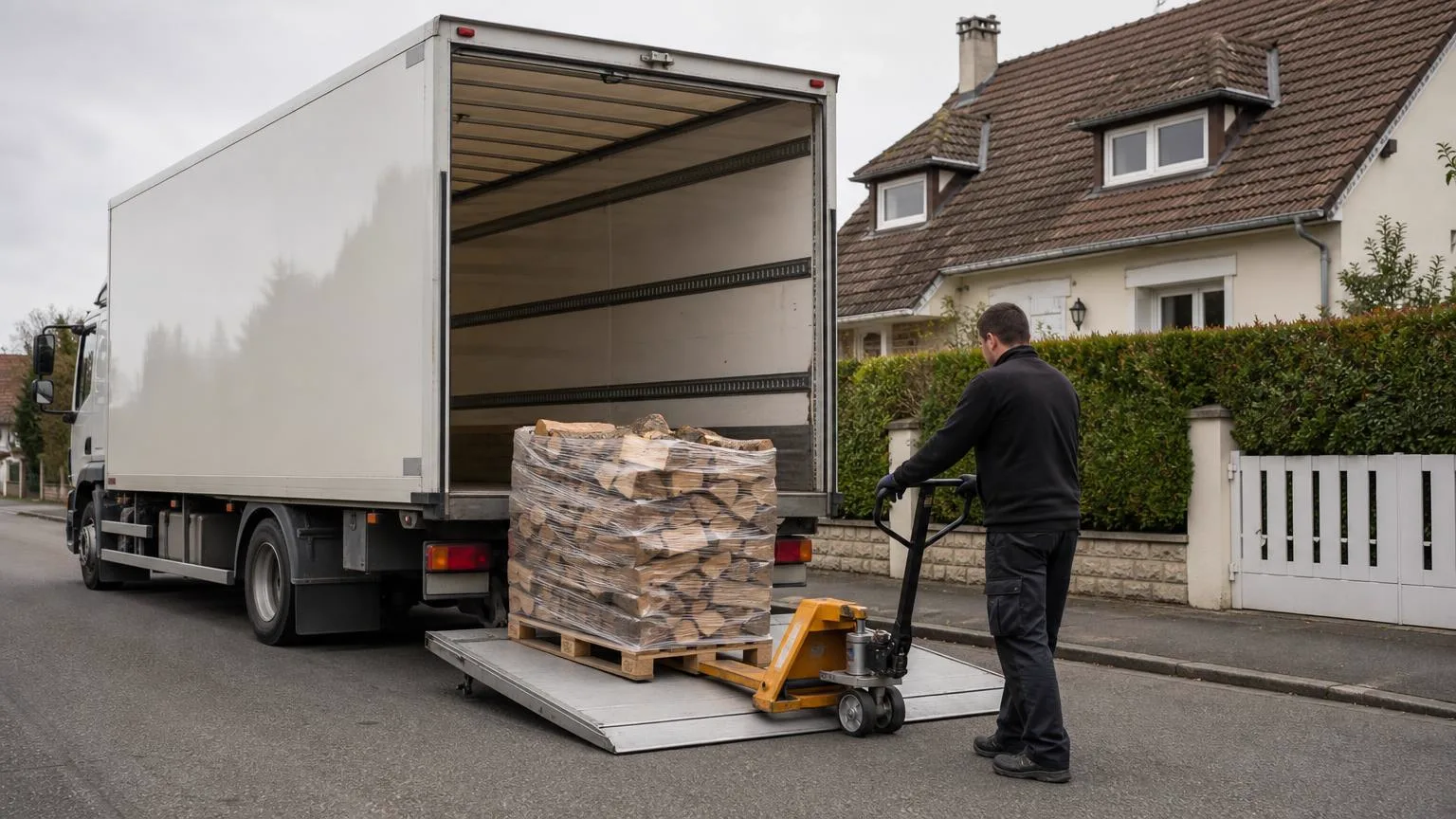 Palette de bois de chauffage posée sur le hayon élévateur d’un camion, avec un transpalette manuel devant une maison