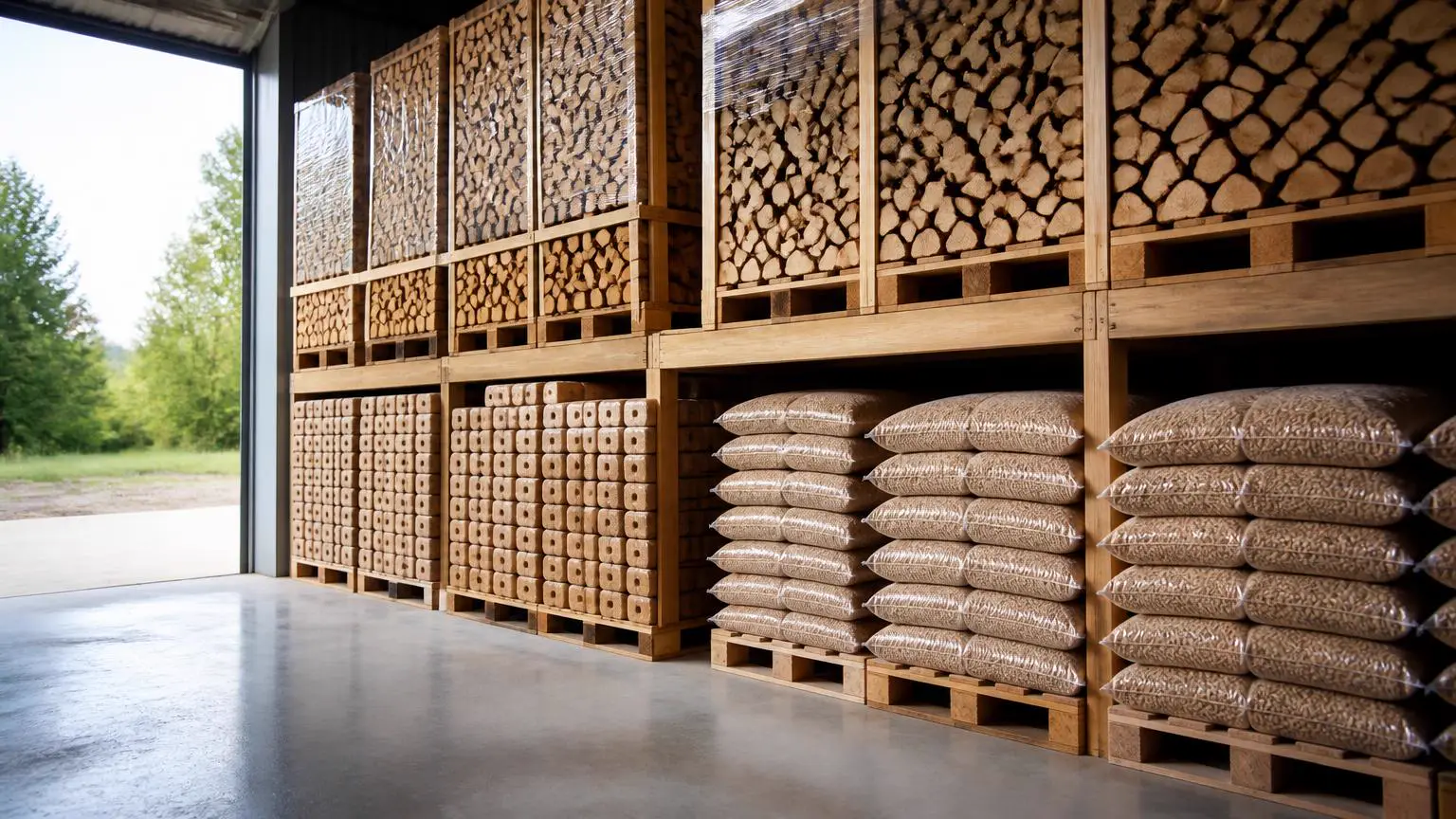 Palettes de bûches, sacs de granulés et briquettes stockés sous abri dans un entrepôt sec